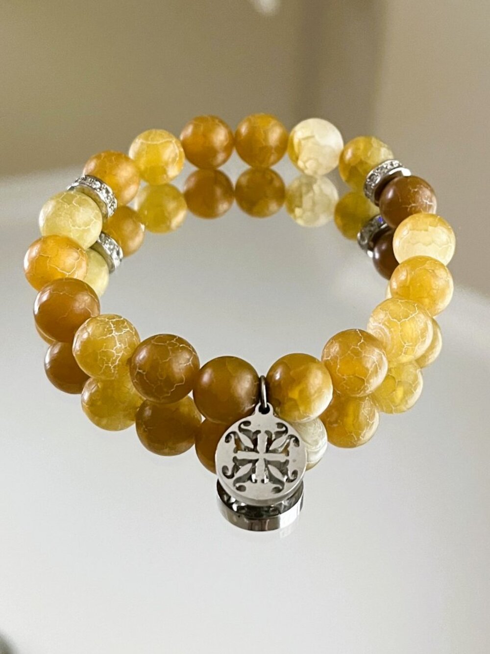 Rustic Cuff Natural Stone Gold Agate Stretch Bracelet
